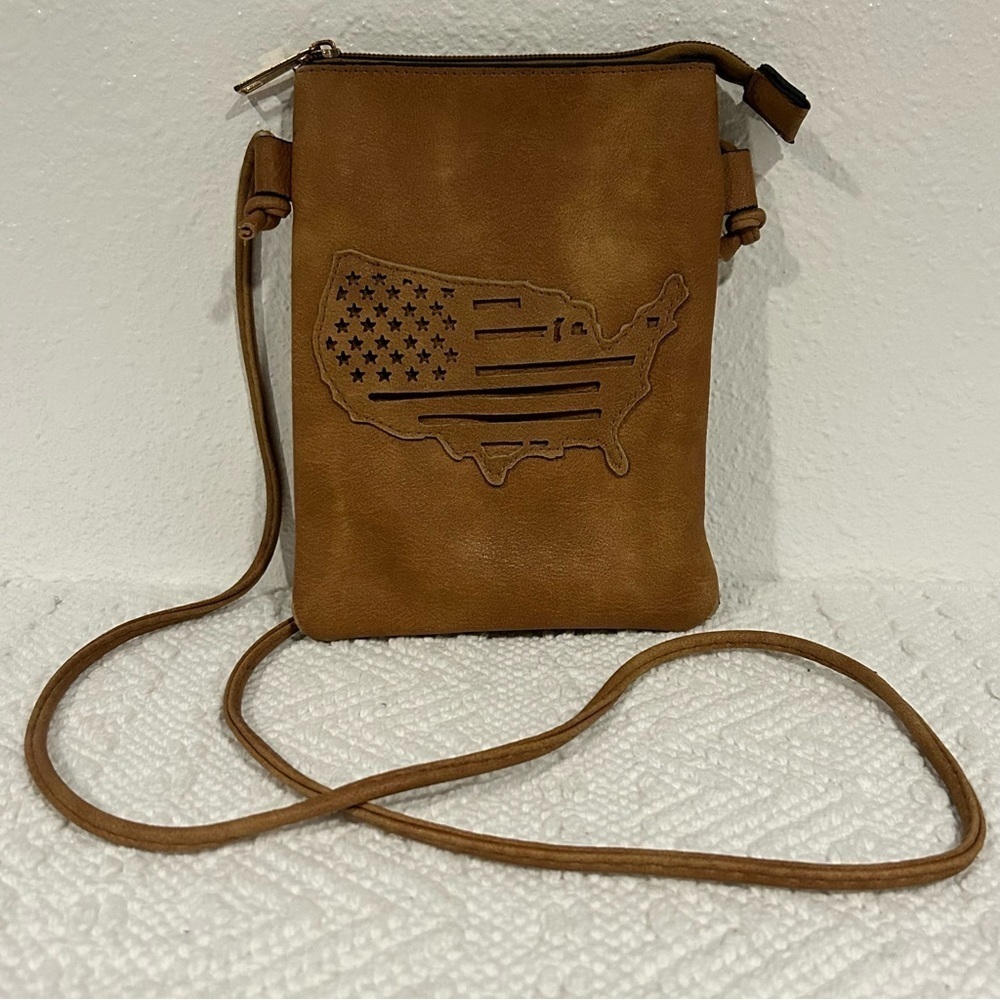 Vegan Leather Two Pocket Adjustable Strap Crossbody Bag with USA Flag Design